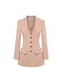 Fitted blazer dress with decorative buttons, tailored silhouette, and flap pockets. Made from 90% polyester, 10% spandex, and lined with 100% polyester
