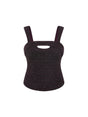Sophia tweed sleeveless top with a square neckline, fitted silhouette, and intricate tweed detailing, crafted from a premium polyester-wool blend.