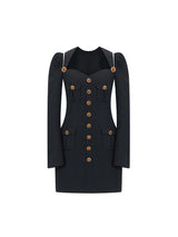 Sophia black buttoned blazer dress with a tailored fit, gold button details, structured shoulders, and a sweetheart neckline, crafted from polyester and spandex.