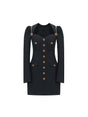 Sophia black buttoned blazer dress with a tailored fit, gold button details, structured shoulders, and a sweetheart neckline, crafted from polyester and spandex.