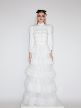 Sophia lace-embellished blouse with a high neckline, intricate lace detailing, puffed sleeves, and tailored fit, crafted from cotton, nylon, and spandex.