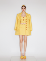 Sophia embellished tweed coat in vibrant yellow with crystal lapels, gemstone buttons, and a fitted mid-thigh silhouette, crafted from 100% polyester.