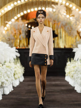 Double-breasted blazer dress with contrast details, decorative buttons, and a tailored fit. Made from 90% polyester, 10% spandex with 96% polyester, 4% spandex accents