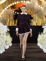 Sophia tweed skater skirt with elastic waistband, layered hem, and subtle sparkle, crafted from a blend of polyester, wool, and mulberry silk.