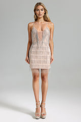 Renata Mini Dress - Deep V-Neckline - Fringe Detailing - Halter Straps - Sophisticated Yet Playful - Confidence-Boosting