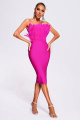 Emily Midi Dress - Strapless Neckline - Feather Detailing - Fitted Silhouette - Sophisticated Charm - High-Quality Materials