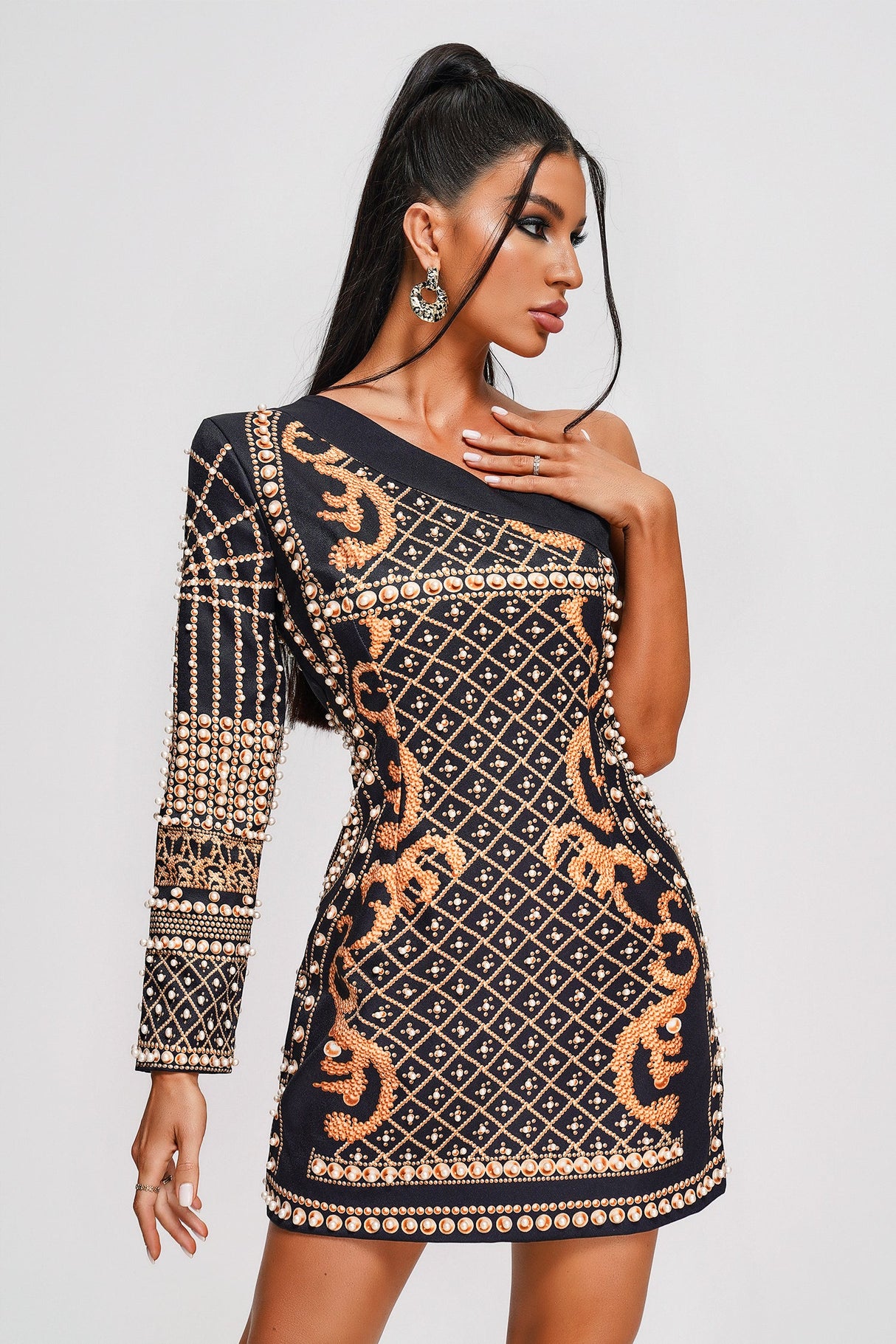 Skylar Mini Dress - One Shoulder - Pearl Embellishments - Fitted Silhouette - Bold Patterns - Versatile Appeal
