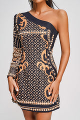 Skylar Mini Dress - One Shoulder - Pearl Embellishments - Fitted Silhouette - Bold Patterns - Versatile Appeal