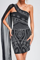 Landry One Shoulder Crystal Mini Dress - Captivating Silhouette - Intricate Crystal Detailing - Flattering Fit - Bold Geometric Patterns