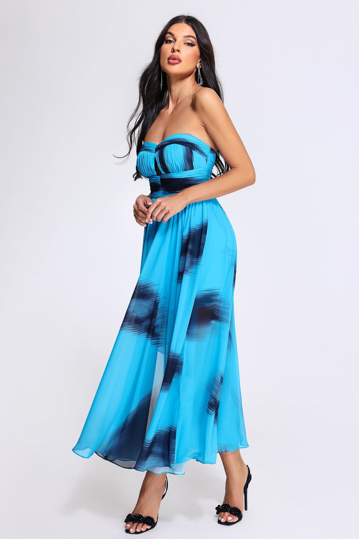 Ornella Midi Dress - Strapless - Cut-Out Detailing - High-Low Hemline - Lightweight Mesh - Mesmerizing Print