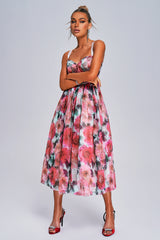 Lexi Midi Dress - Sareza Floral Print - Sweetheart Neckline - Flowing Skirt - Sheer Detailing - Ideal For Any Occasion