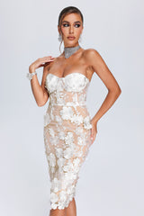 Miranda Midi Dress - Oval Lace Overlay - Strapless Neckline - Floral Detailing - Fitted Silhouette - Sophisticated Midi Length