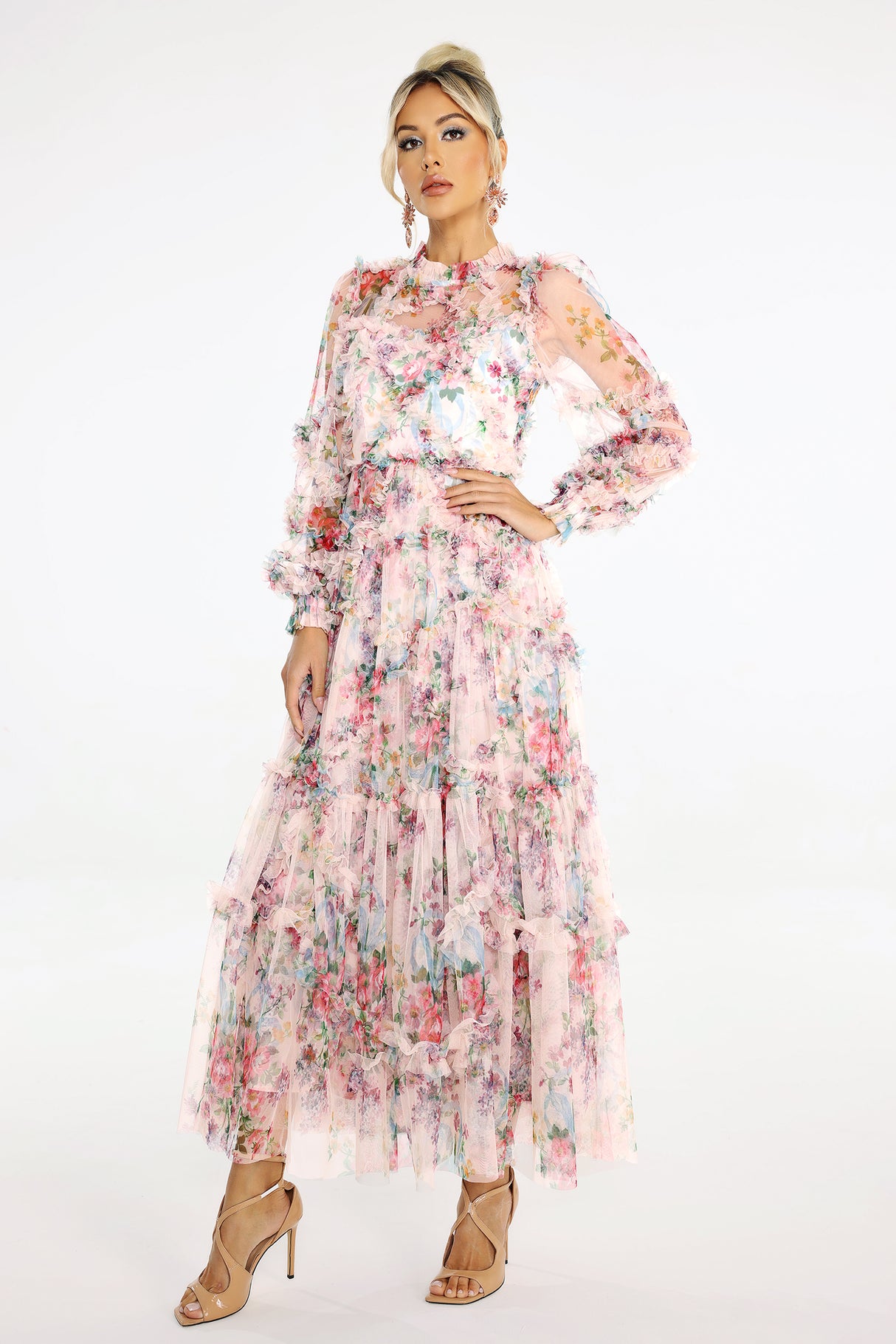Zara Midi Dress - Floral Print - Sheer Mesh Fabric - Puffed Sleeves - Tiered Skirt - Neckline