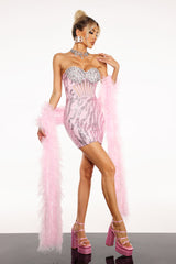 Miracle Strapless Mini Dress - Diamante Detailing - Form-Fitting Silhouette - Sequin Embellishments - Mini Length - Feather Wrap
