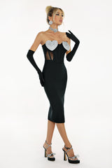 Samantha Midi Dress - Strapless Silhouette - Diamante Embellishments - Sheer Panels - Form-Fitting Fabric - Glamorous Appeal