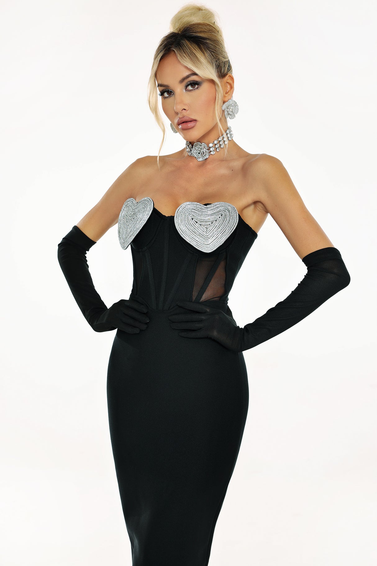 Samantha Midi Dress - Strapless Silhouette - Diamante Embellishments - Sheer Panels - Form-Fitting Fabric - Glamorous Appeal