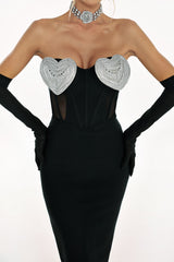 Samantha Midi Dress - Strapless Silhouette - Diamante Embellishments - Sheer Panels - Form-Fitting Fabric - Glamorous Appeal