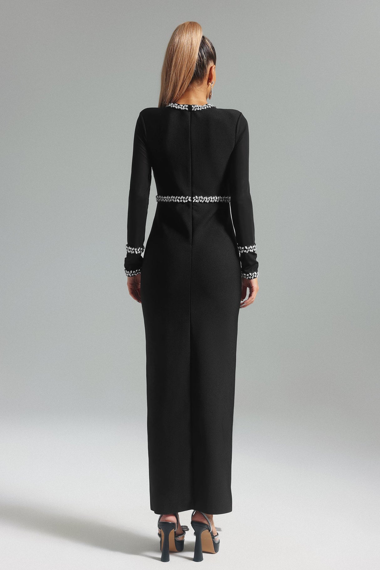 Mia Midi Dress - Keyhole Neckline - Diamante Detailing - Slit - Long Sleeves - Premium Fit Feel