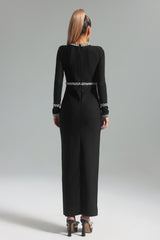 Mia Midi Dress - Keyhole Neckline - Diamante Detailing - Slit - Long Sleeves - Premium Fit Feel