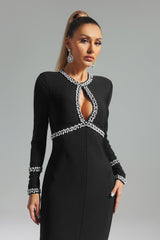Mia Midi Dress - Keyhole Neckline - Diamante Detailing - Slit - Long Sleeves - Premium Fit Feel