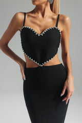 Ninfa Midi Dress - Heart-Shaped Neckline - Diamond Embellishments - Cut-Out Detailing - Fitted - Statement Piece
