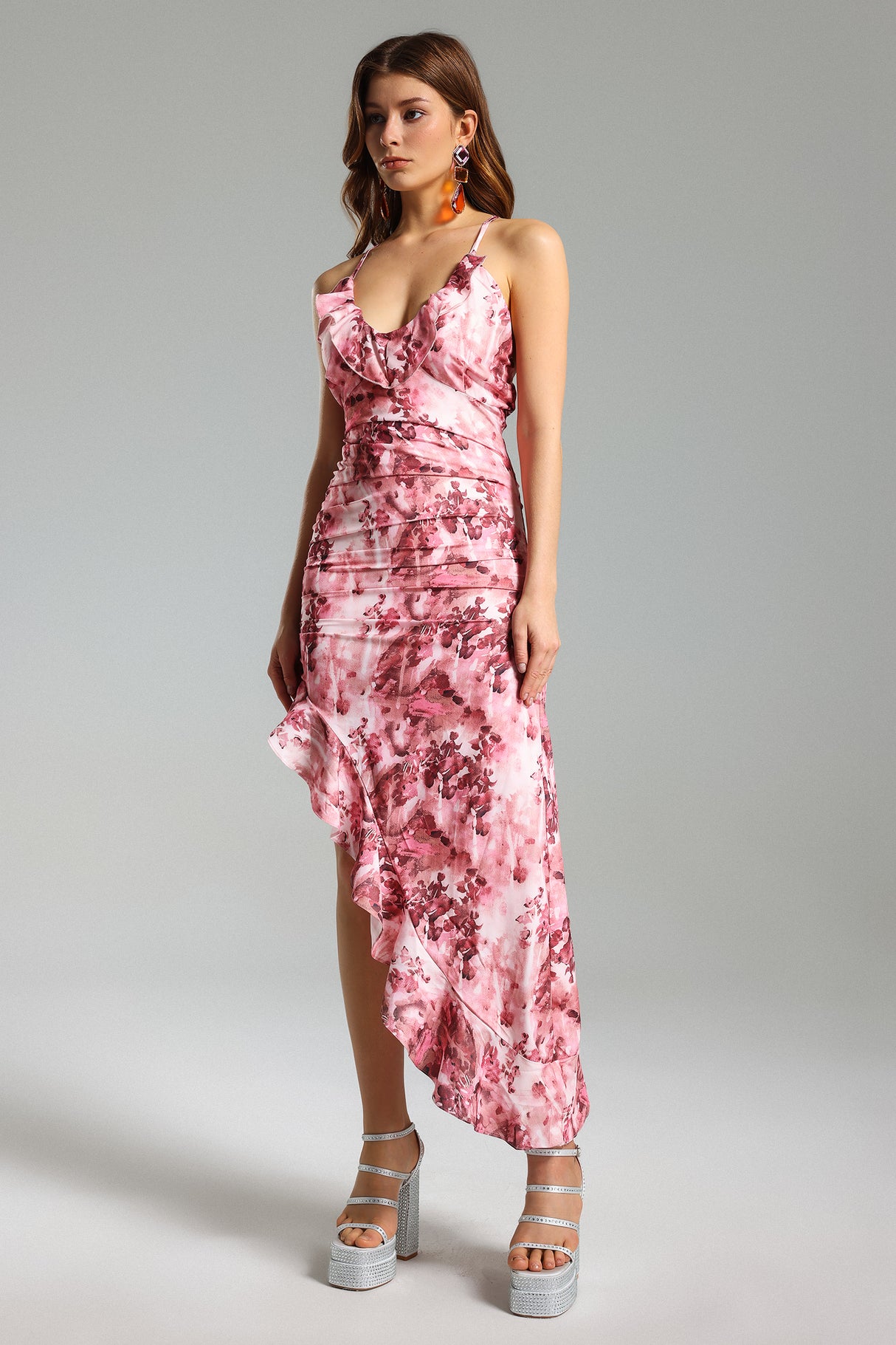 Jazlyn Midi Dress - Floral Print - Ruffled Skew - Asymmetrical Hemline - Spaghetti Straps - Lightweight Fabric
