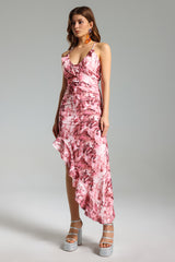 Jazlyn Midi Dress - Floral Print - Ruffled Skew - Asymmetrical Hemline - Spaghetti Straps - Lightweight Fabric