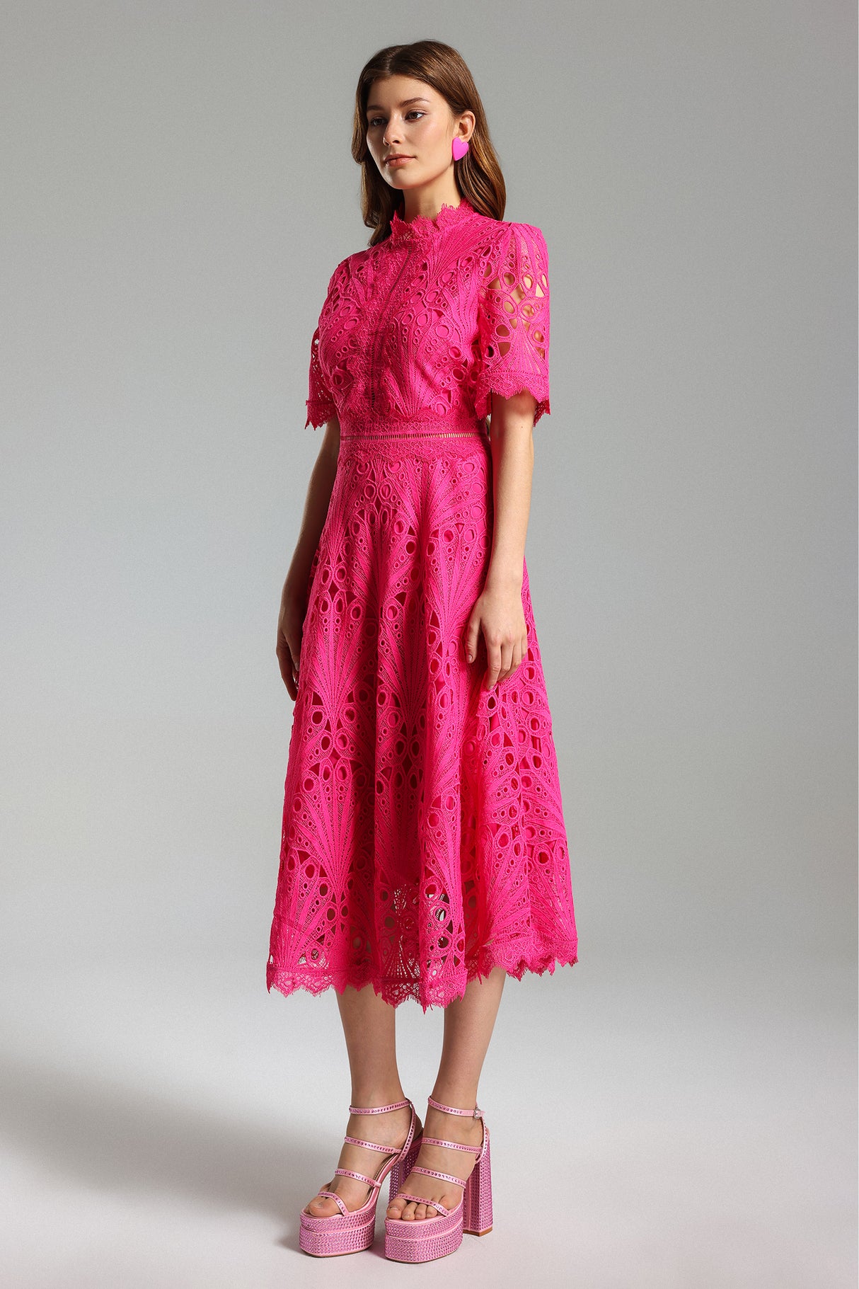 Liana Midi Dress - Stunning Lace Overlay - Feminine Silhouette - High Neckline - Flowy Skirt - Intricate Detailing