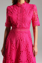 Liana Midi Dress - Stunning Lace Overlay - Feminine Silhouette - High Neckline - Flowy Skirt - Intricate Detailing