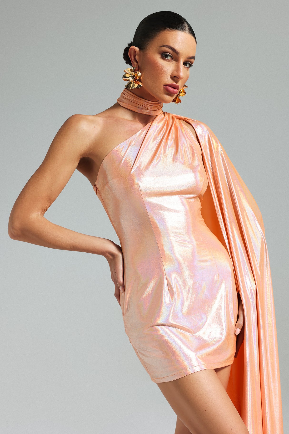 Rory One Shoulder Mini Dress - Bold Statement - Glossy Fabric - Asymmetrical Draping - Form-Fitting - Confidence Boost