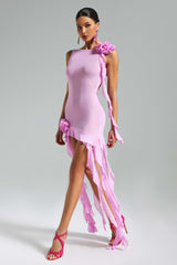 Oakley Mesh Ribbon Mini Dress - Feminine Silhouette - Asymmetrical Neckline - Floral Detailing - Flowing Ribbons - Sheer Overlay