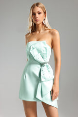 Miriam Mini Dress - Asymmetric Neckline - Draped - Diamante Bow Waist - Fitted Bodice - Playful Mini Skirt
