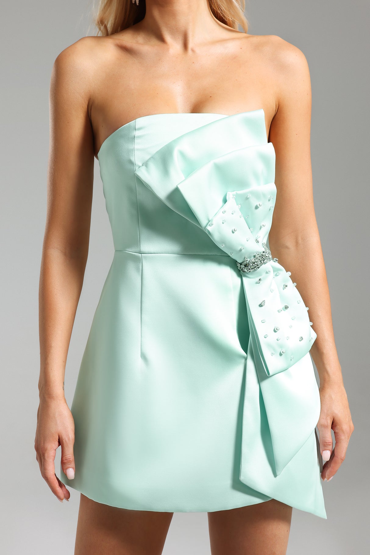 Miriam Mini Dress - Asymmetric Neckline - Draped - Diamante Bow Waist - Fitted Bodice - Playful Mini Skirt