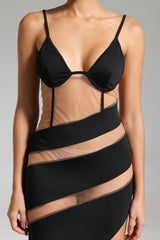 Flora Midi Dress - Halter Neckline - Sheer Paneling - Asymmetric Hem - Mesh Detailing - Comfortable Fit