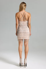 Renata Mini Dress - Deep V-Neckline - Fringe Detailing - Halter Straps - Sophisticated Yet Playful - Confidence-Boosting