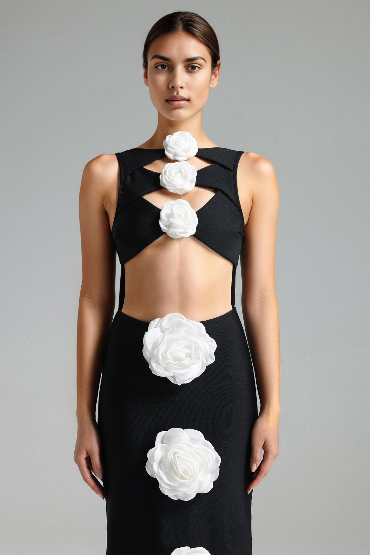 Willow Midi Dress - Cut Out - Floral Detailing - Fitted Silhouette - Captivating Neckline - Sophisticated Length