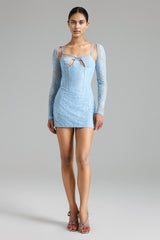 Landry Mini Dress - Fitted Silhouette - Intricate Lace Detailing - Cut-Out Neckline - Long Lace Sleeves - Flattering Bodice