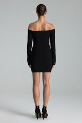 Stefania Bandage Mini Dress - Glitter Detailing - Off-Shoulder Neckline - Rhinestone Bodice - Body-Hugging Fit - Long Sleeves