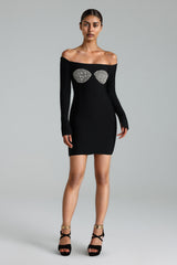 Stefania Bandage Mini Dress - Glitter Detailing - Off-Shoulder Neckline - Rhinestone Bodice - Body-Hugging Fit - Long Sleeves