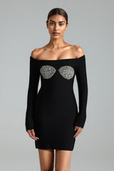 Stefania Bandage Mini Dress - Glitter Detailing - Off-Shoulder Neckline - Rhinestone Bodice - Body-Hugging Fit - Long Sleeves