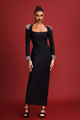 Genesis Midi Dress - Rhinestone Detailing - Squared Neckline - Body-Hugging Silhouette - Long Sleeves - High-Quality Craftsmanship