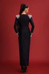 Genesis Midi Dress - Rhinestone Detailing - Squared Neckline - Body-Hugging Silhouette - Long Sleeves - High-Quality Craftsmanship