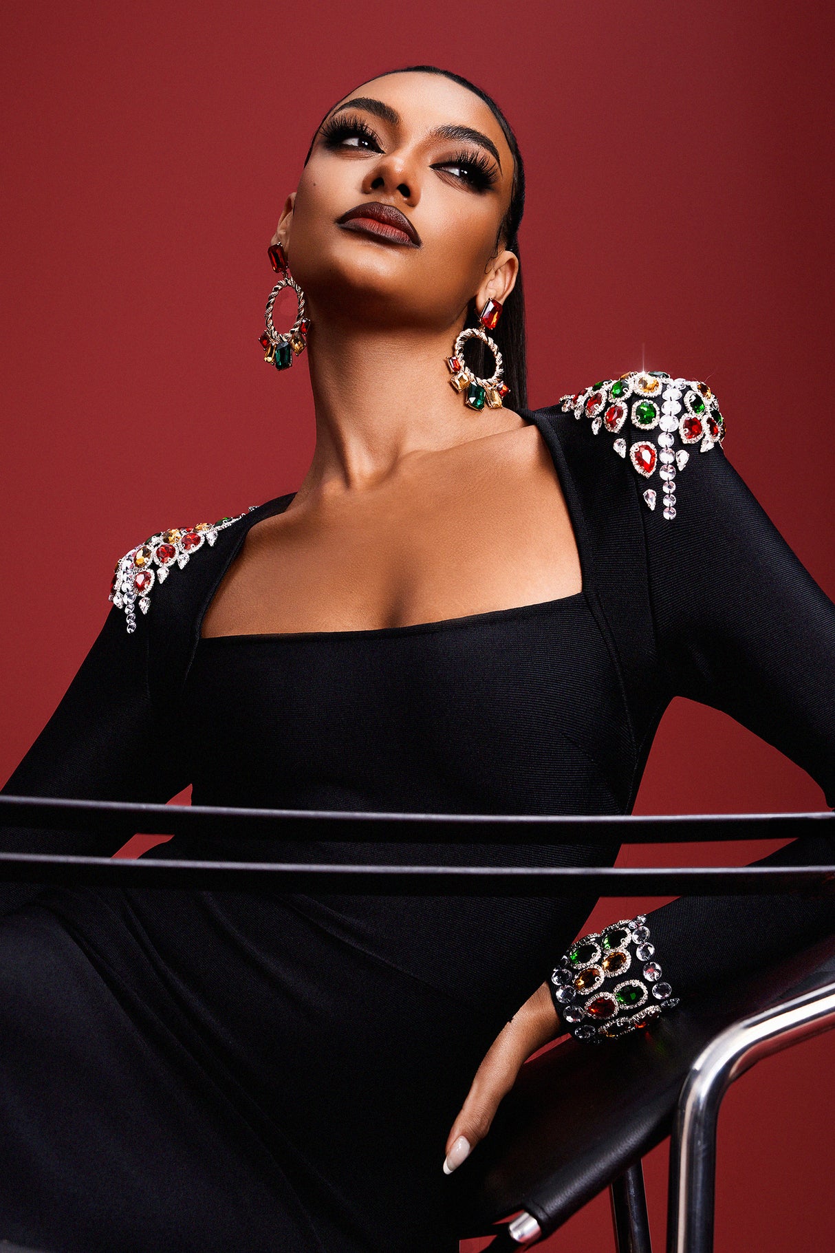 Genesis Midi Dress - Rhinestone Detailing - Squared Neckline - Body-Hugging Silhouette - Long Sleeves - High-Quality Craftsmanship
