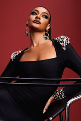 Genesis Midi Dress - Rhinestone Detailing - Squared Neckline - Body-Hugging Silhouette - Long Sleeves - High-Quality Craftsmanship