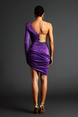 Kendra Knitted Mini Dress - Patchwork - Asymmetrical Silhouette - One-Shoulder Neckline - Ruched Detailing