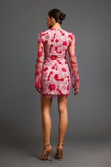 Savina Mini Dress - Floral Detailing - Fitted Silhouette - High Neckline - Long Sleeves - Intricate Embroidery