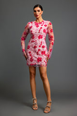 Savina Mini Dress - Floral Detailing - Fitted Silhouette - High Neckline - Long Sleeves - Intricate Embroidery