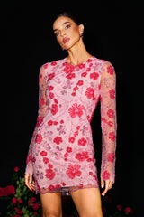 Savina Mini Dress - Floral Detailing - Fitted Silhouette - High Neckline - Long Sleeves - Intricate Embroidery