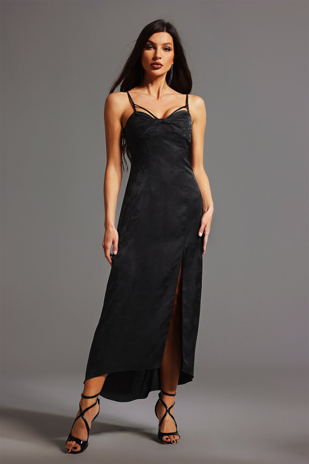 Norah Midi Dress - Sleeveless Silhouette - Spaghetti Straps - Sweetheart Neckline - High Slit - Luxurious Fabric