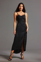 Norah Midi Dress - Sleeveless Silhouette - Spaghetti Straps - Sweetheart Neckline - High Slit - Luxurious Fabric